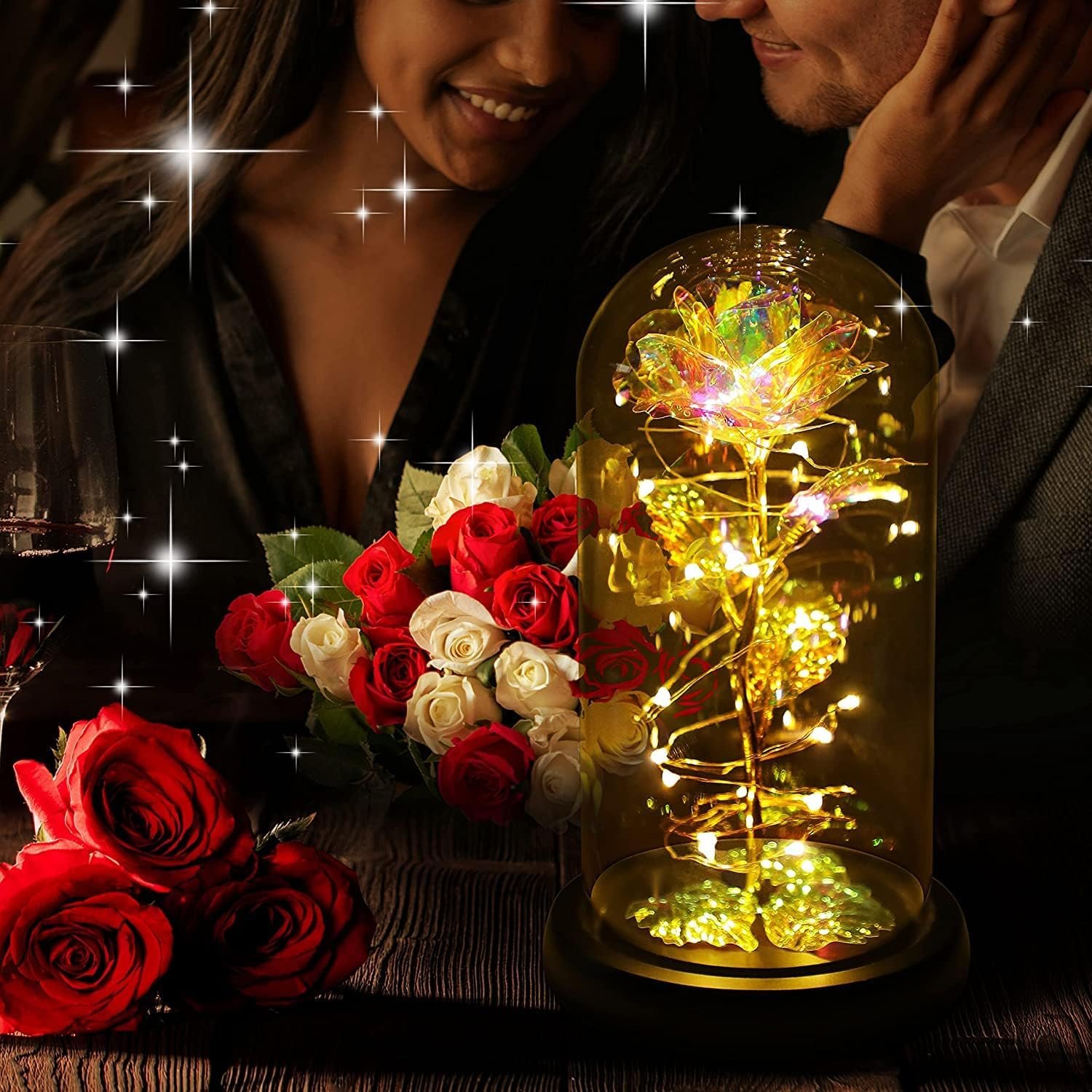 Acrylic Artificial Rose Flower Dome with LED Lights – Colorful Rainbow Rose Gift for Valentine's Day, Birthdays, Weddings, Anniversaries, and Engagements - Image 2