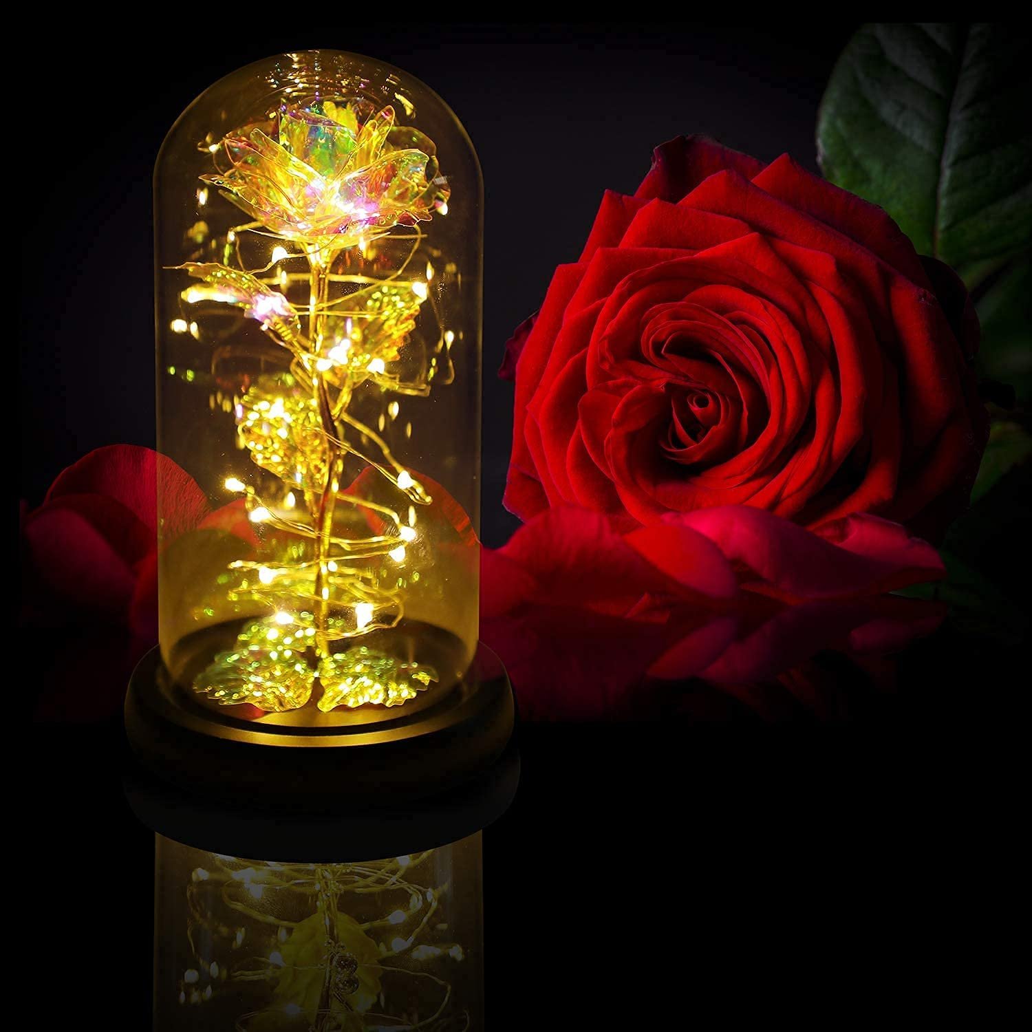 Acrylic artificial rose, LED rose dome, rainbow rose gift, Valentine's Day gift, birthday gift for women, engagement gift, wedding gift ideas, anniversary gift, LED flower decor, colorful rose gift, romantic gift, flower dome with lights, unique gifts for women, romantic home decor, gift ideas for her, artificial flower with LED lights