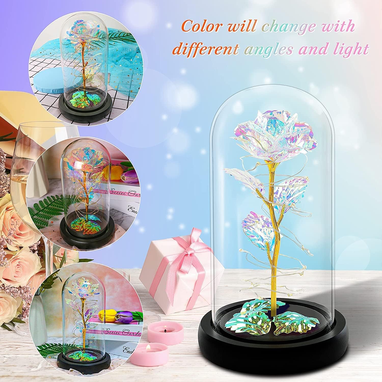 Acrylic Artificial Rose Flower Dome with LED Lights – Colorful Rainbow Rose Gift for Valentine's Day, Birthdays, Weddings, Anniversaries, and Engagements - Image 6