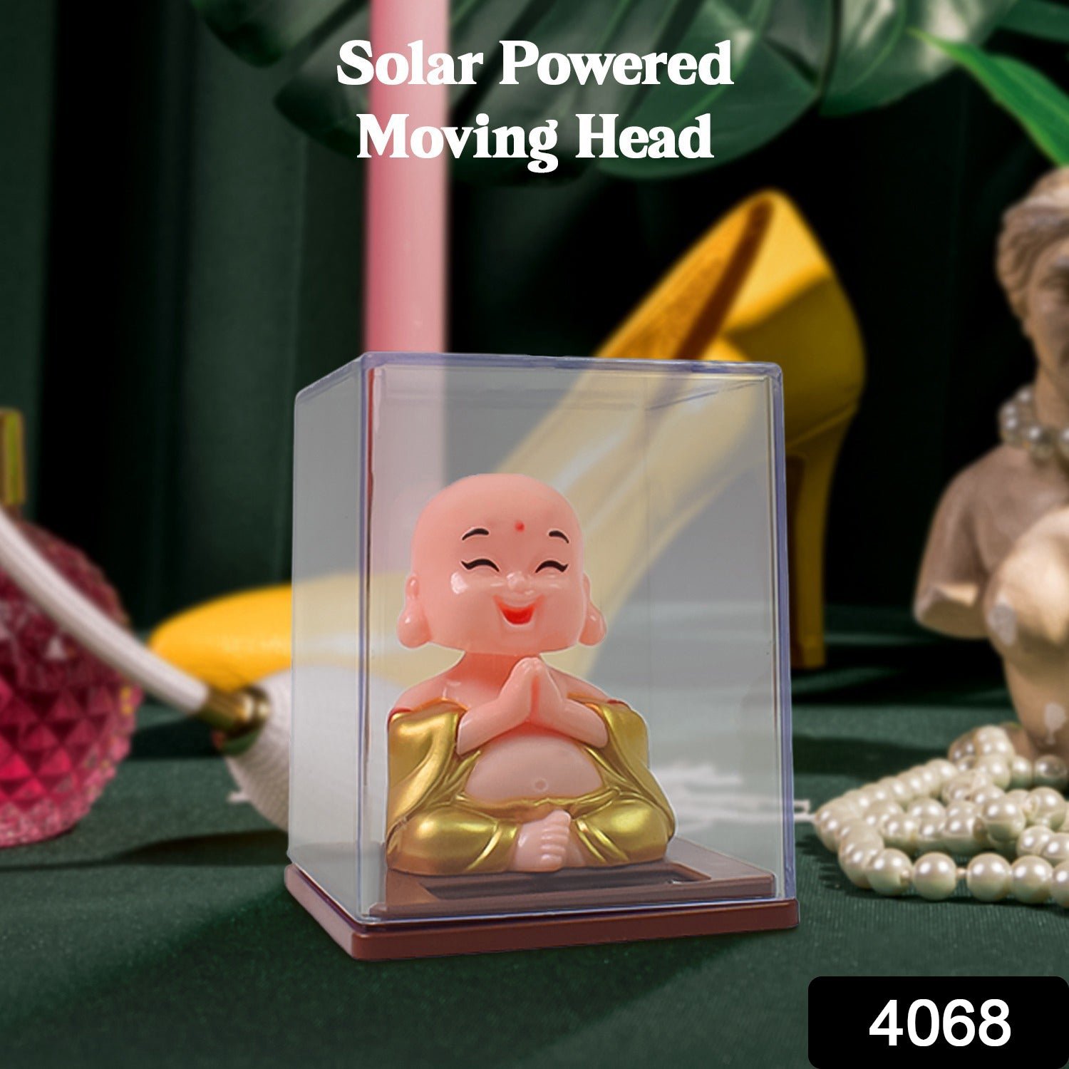 Solar powered Buddha statue Moving head Buddha car ornament Car dashboard decoration Solar Buddha bobblehead Buddha idol for car interior No battery car dashboard toy Peaceful car decor item Buddha figurine for dashboard Solar nodding Buddha statue Mix color Buddha dashboard toy