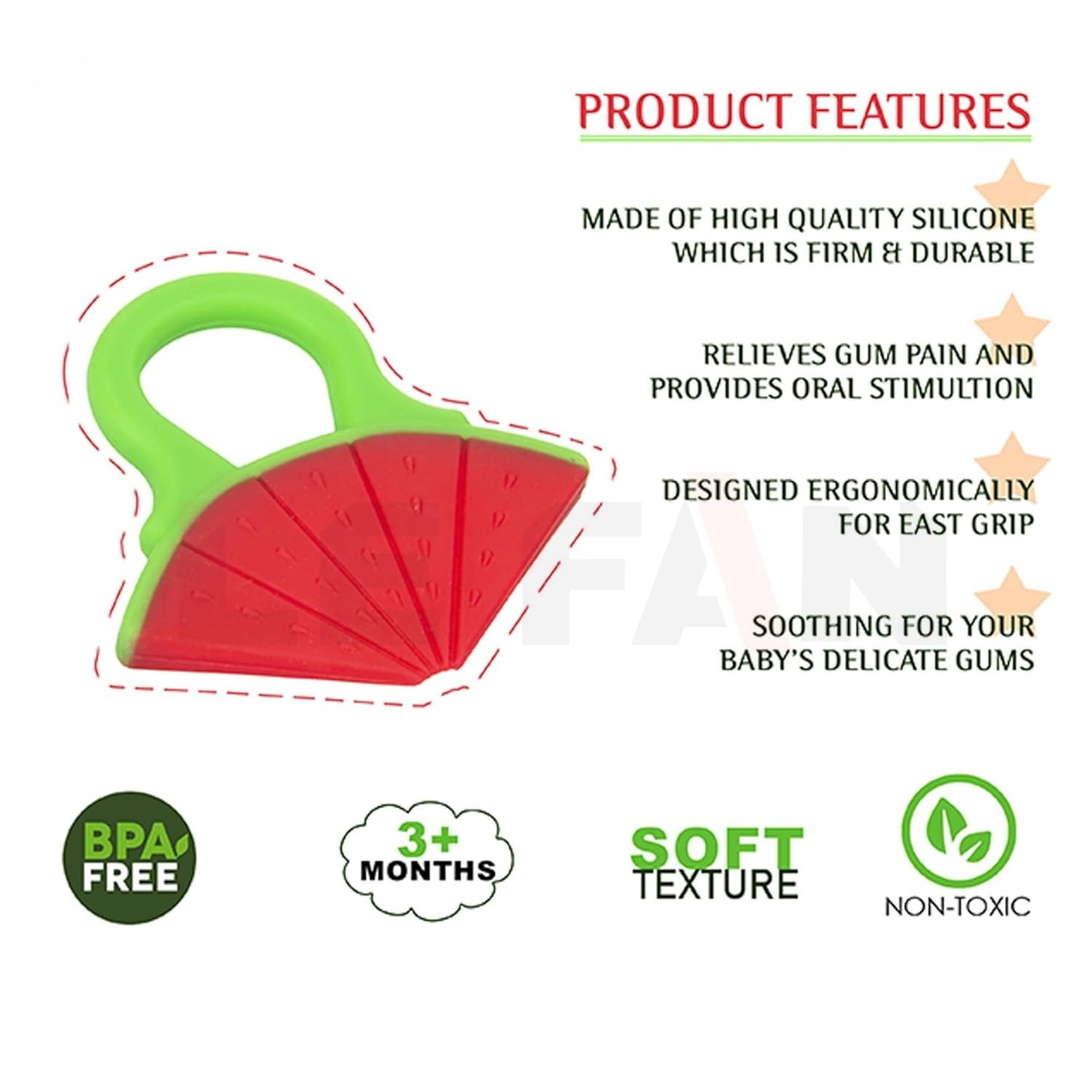 Baby Silicone Teether Toy – BPA-Free Fruit Shape Teething Toy for Infants (6–12 Months) – Soft, Safe, Gum-Soothing Teether – Watermelon Design – Multicolor - Image 2